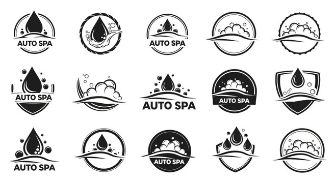 Various auto spa logos with water drop and mountain designs