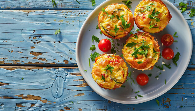 Four fluffy baked vegetable and cheese omelette muffins arranged on a white round plate with cherry tomatoes, chives and parsley on a blue wooden table.