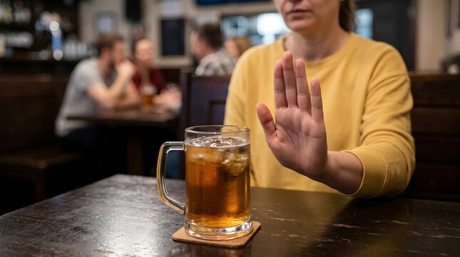 Woman refusing alcoholic drink with stop gesture in bar setting, responsible lifestyle and sobriety choice concept, avoiding alcohol for health safety and personal decision indoors