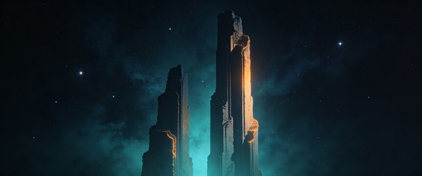 Monolithic alien towers with glowing fissures under a starry nebula &mdash; sci-fi background