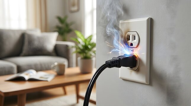 Electrical outlet with overloaded plug and visible sparks in modern living room, home electricity hazard and fire risk concept, unsafe wiring and power overload causing danger indoors