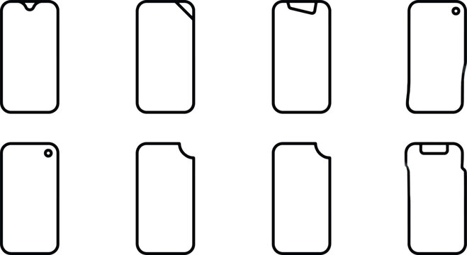 Smartphone screen shape templates and mobile phone notch design icons set, modern cellphone display wireframes isolated on white background.