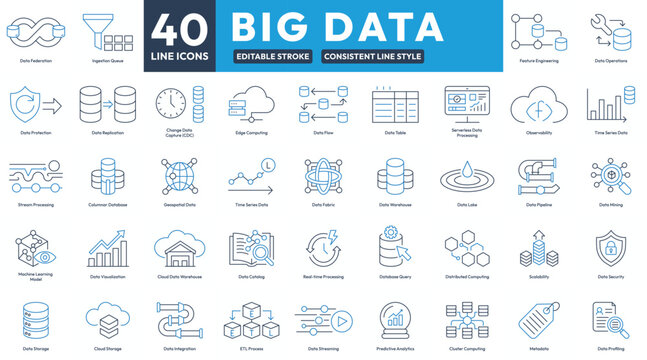 Big Data Icons Set, 40 Editable Line Icons for Data Operations and Analytics