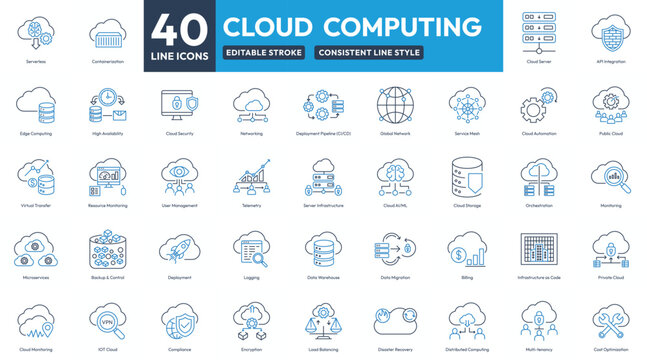 40 Editable Line Icons for Cloud Computing. Cloud Computing Icon Set for Servers, Security, AI, Automation and more Technology