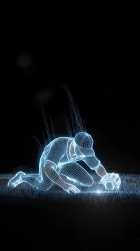 A digital wireframe illustration of a baseball player in mid-action, capturing a dive for an outfield catch.