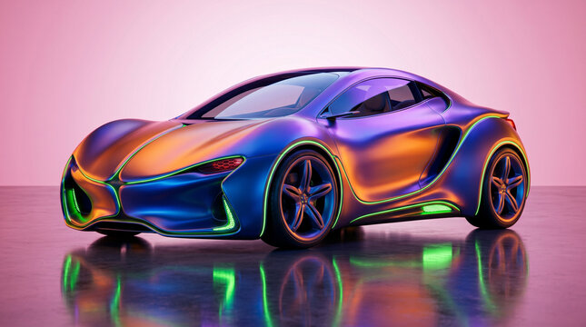 Surreal Auto Farben Inspiration f&uuml;r Autodesigner. Futuristisches Konzeptauto mit schillernden Neonfarben in Fotostudio 