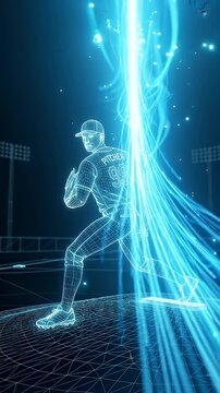A digital wireframe video of a baseball pitcher in mid-throw, launching a fastball towards the viewer.