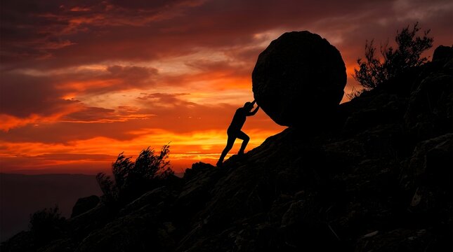 Silhouette pushing giant rock uphill at sunset symbolizing perseverance determination struggle resilience ambition hard work success journey motivation strength against odds dramatic landscape