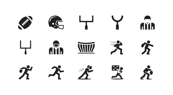 American Football Icon Set Featuring Players Helmets and Equipment Silhouettes