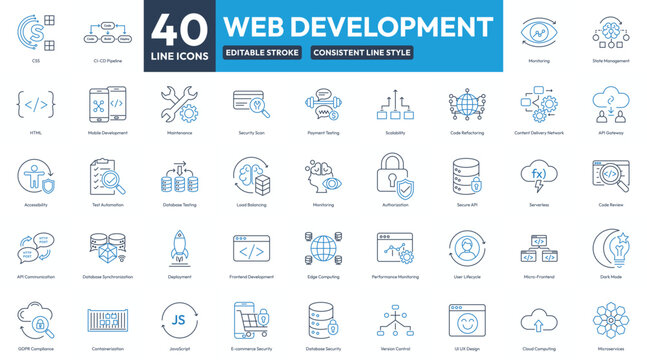 Modern Web Development Icon Set, Editable Stroke Web Development Icon Bundle for Developers, UI/UX, API, Security, Performance, Cloud and Mobile