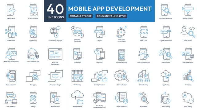 Mobile App Development Line Icons Set. Editable Stroke Outline Mobile App Development Icon Set for UI, UX, Security, Authentication, and App Performance Optimization