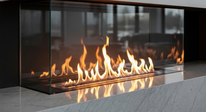Sleek modern fireplace with a seamless glass facade showcasing vibrant dancing flames and reflective surfaces