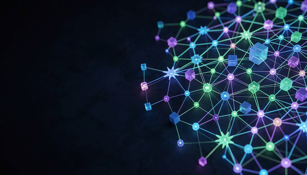 A network of glowing nodes is depicted against a dark, textured background. The nodes, varied in shape and color