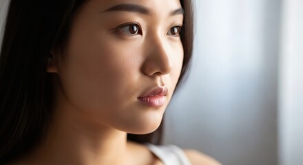 Naklejka premium Serene Asian Woman Close-Up Portrait, Natural Beauty, Soft Light, Thoughtful Expression