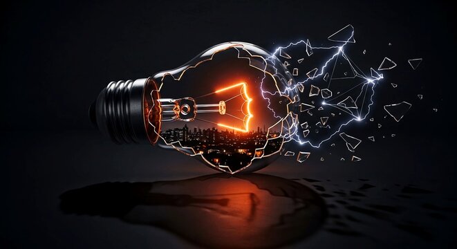 Shattered light bulb with glowing orange filament, exploding glass shards and electric sparks, conceptual image of a broken idea or creative failure
