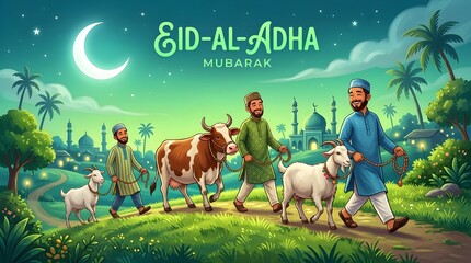 Naklejka premium Eid al-Adha Mubarak: Men walking with animals for sacrifice under crescent moon