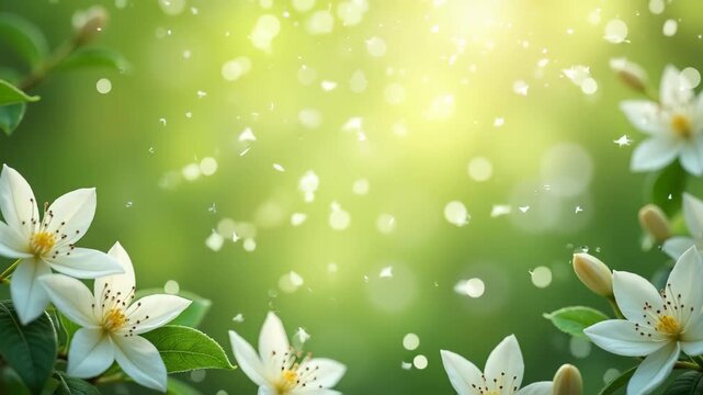Delicate white jasmine flowers vine frame, soft green bokeh garden background, spring botanical border mockup template