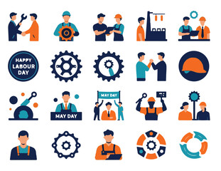 Fototapeta premium International Labour Day Industrial Worker and Teamwork Icon Set