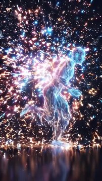 A dynamic wireframe figure of a runner is depicted, surrounded by vibrant bursts of light and sparks on a dark background.