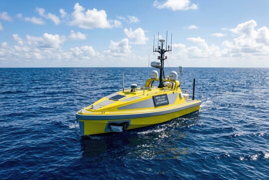 Yellow uncrewed surface vessel equipped with satellite domes and communication antennas