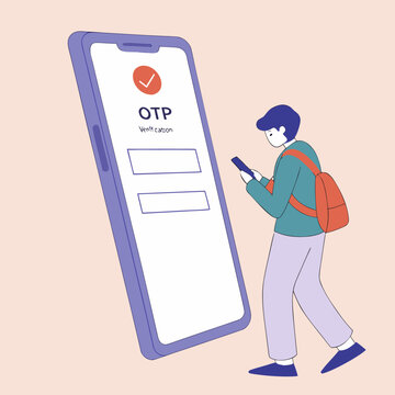 Man with backpack interacting with large smartphone for otp verification otp verification