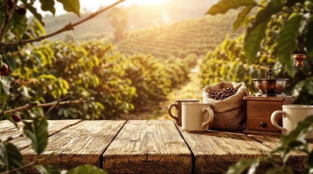 Coffee plantation scene with rustic wooden table, coffee beans, and mugs