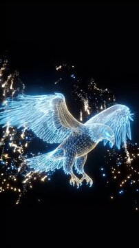 A striking digital depiction of an eagle with glowing wireframe wings, creating a dynamic visual effect.