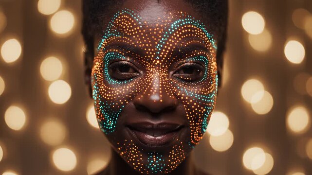 Face with colorful dot art against bokeh lights emphasizing modern aesthetics and minimalist design