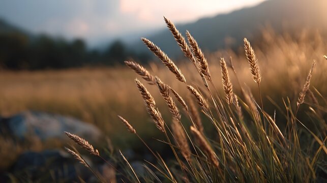 Golden hour light illuminates tall feathery grasses standing in an expansive misty meadow