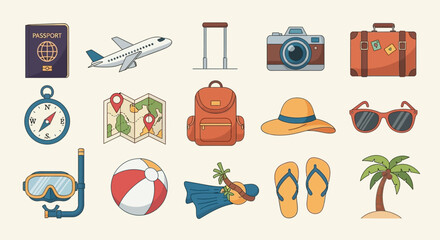 Collection of essential travel and vacation items for your next adventure. © Podang