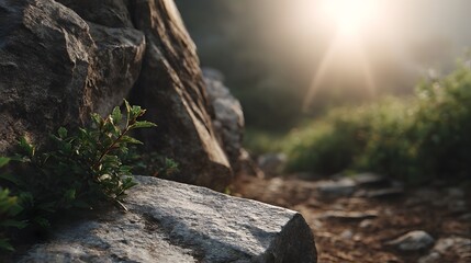 Fototapeta premium Sunlight filtering through a rugged rocky path surrounded by lush green foliage capturing a peaceful outdoor moment in nature