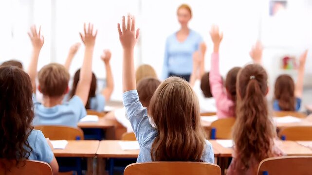 Female diversity. Human rights, equal opportunity concept. A vivid, welllit photograph of a classroom scene shows a group of children raising their hands in unison.