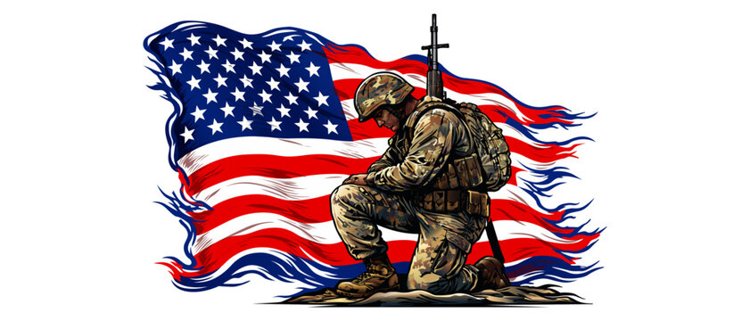 Patriotic Reflection: A solemn soldier kneels before the waving flag, evoking a sense of reverence, duty, and sacrifice. Representing patriotism, valor, and the unwavering spirit of service.