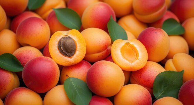 Abundant apricots a vibrant heap of freshly picked fruit with lush green leaves