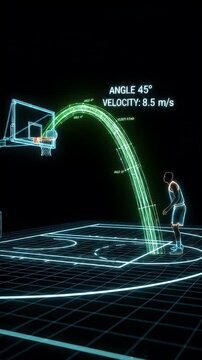 This video displays a glowing wireframe illustration of a basketball player executing a three-point shot.