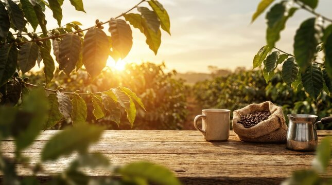 Coffee beans, mug, and pot on a rustic wooden table at a coffee plantation during sunset
