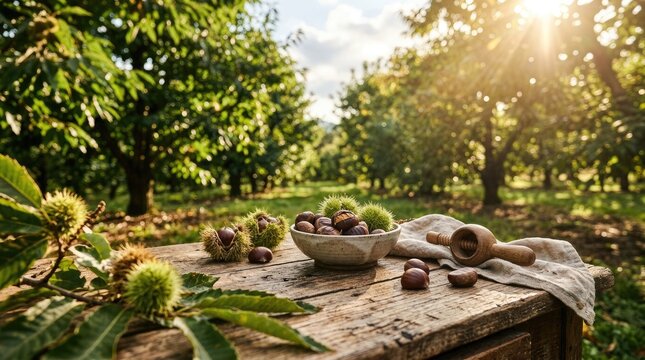 Freshly harvested chestnuts in a bowl on a rustic wooden table in a chestnut orchard