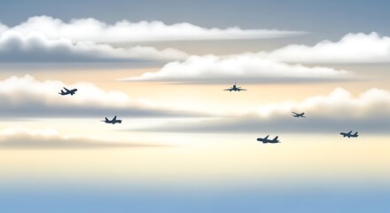 Fototapeta premium Jet fighters flying formation in cloudy sky at sunset, aerial view