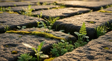 Naklejka premium Close-Up of Moss and Fern Growing Between Pebbles
