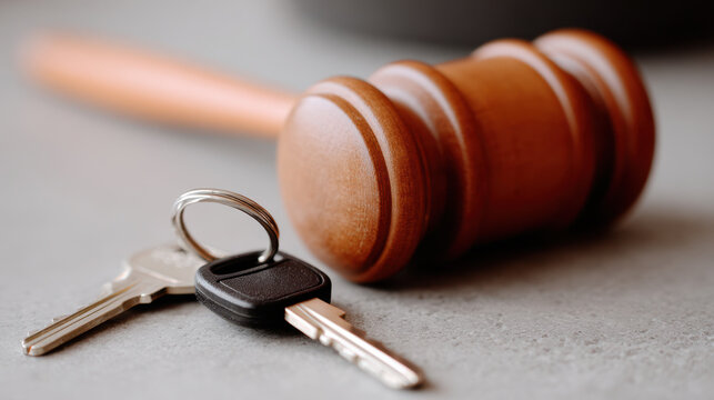 Wooden gavel rests on dark desk surface next to set of keys. Law, justice, property auction, legal matters.