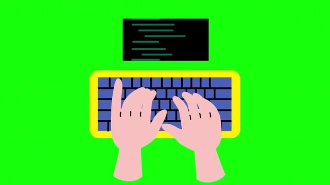 Animated hands typing code on keyboard over green screen