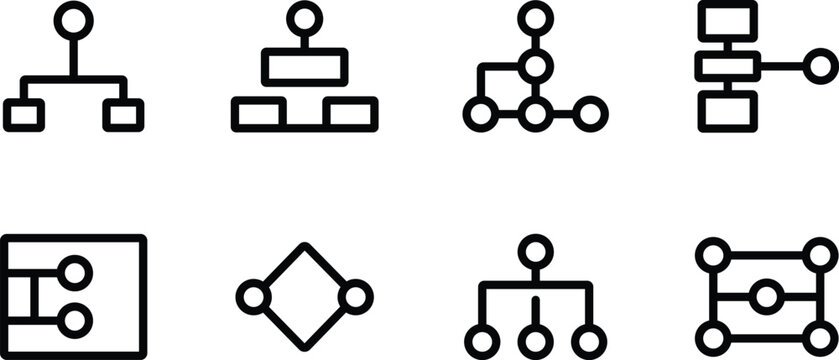 Collection of eight different simple line art diagrams representing organizational charts and flowcharts isolated on transparent background