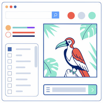 Web browser interface with colorful toucan and controls technology
