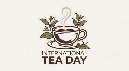 Naklejka premium International tea day logo with a cup of tea and leaves on a beige background