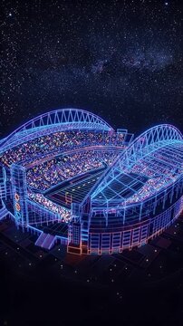 A vibrant neon wireframe of a stadium is depicted, filled with glowing multicolored lights, set against a dark, star-studded sky.