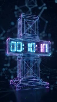A digital timer is displayed in neon colors on a wireframe pedestal, set against a dark background. The numbers emit a vibrant glow, alternating between blue and pink, creating a futuristic and