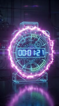 The video showcases a neon wireframe timer set against a dark background, emitting vibrant light pulses.