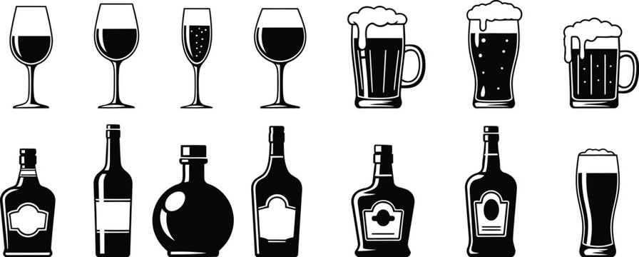 Vector alcohol collection wine glasses bottles and beer mugs graphic design