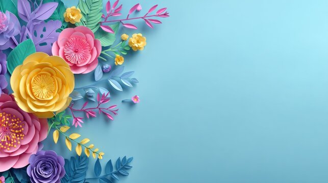 Colorful paper flowers arrangement on a light blue background with copy space