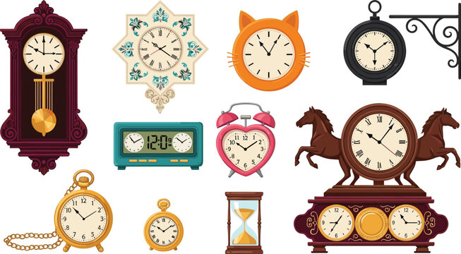 Vintage and Modern Clocks Set with Grandfather, Alarm, Hourglass, Pocket, and Wall Clocks Vector Illustration